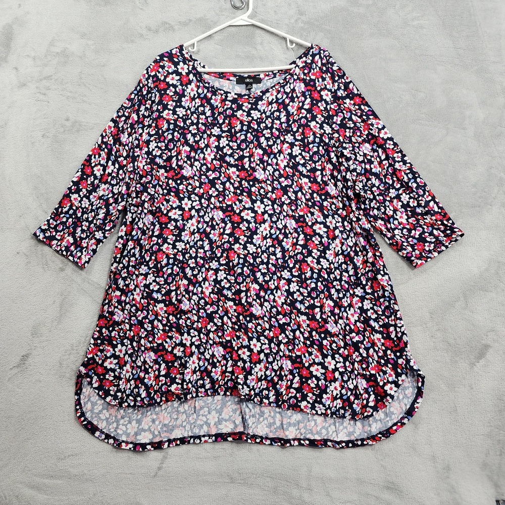Ellos Top Womens 18/20 Blue Floral Scoop Neck 3/4 Sleeve Tunic Jersey Stretch